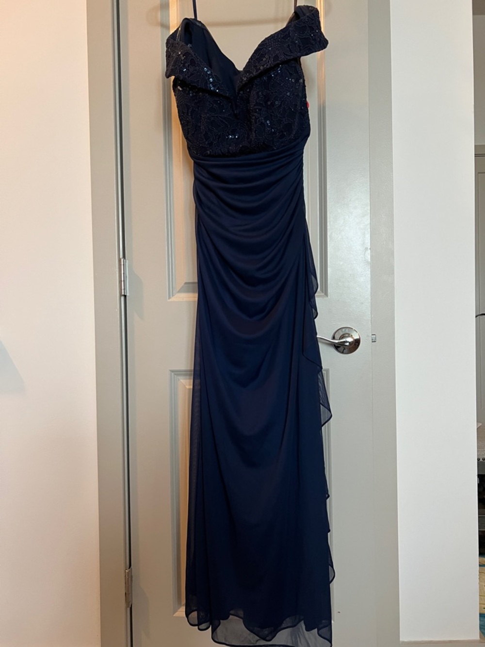Betsy & Adam Navy Beaded Off-Shoulder Maxi Dress